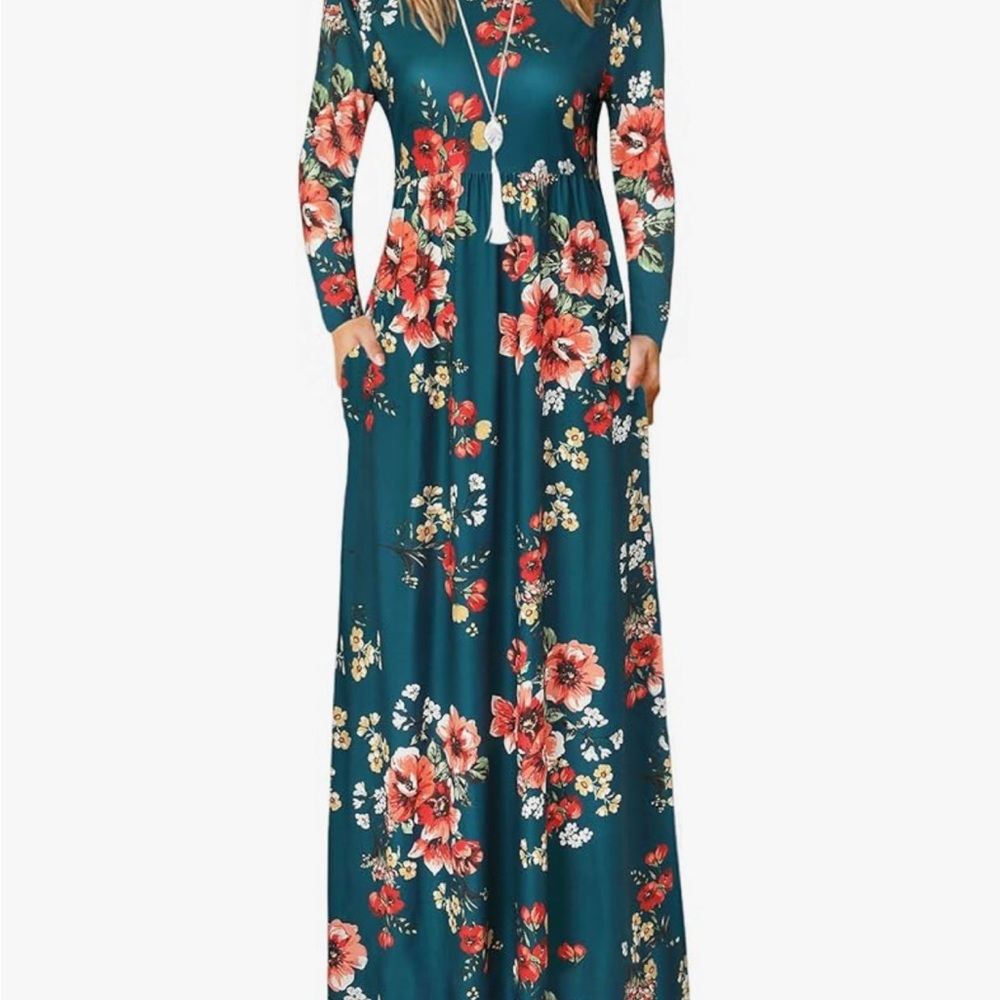 Zattcas Floral Long Sleeve Maxi Dress with Pockets, Green Multicolor, Small
